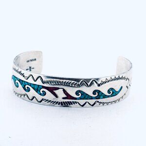 Vintage Sterling Silver Turquoise Coral Inlay Cuff Bracelet Southwestern Design